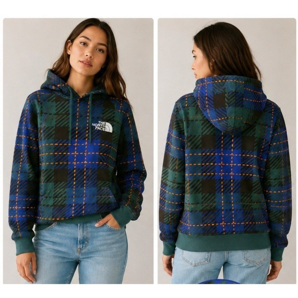 The North Face Hoodie Womens L Gorpcore Plaid Fleece Pullover Blue Green Orange